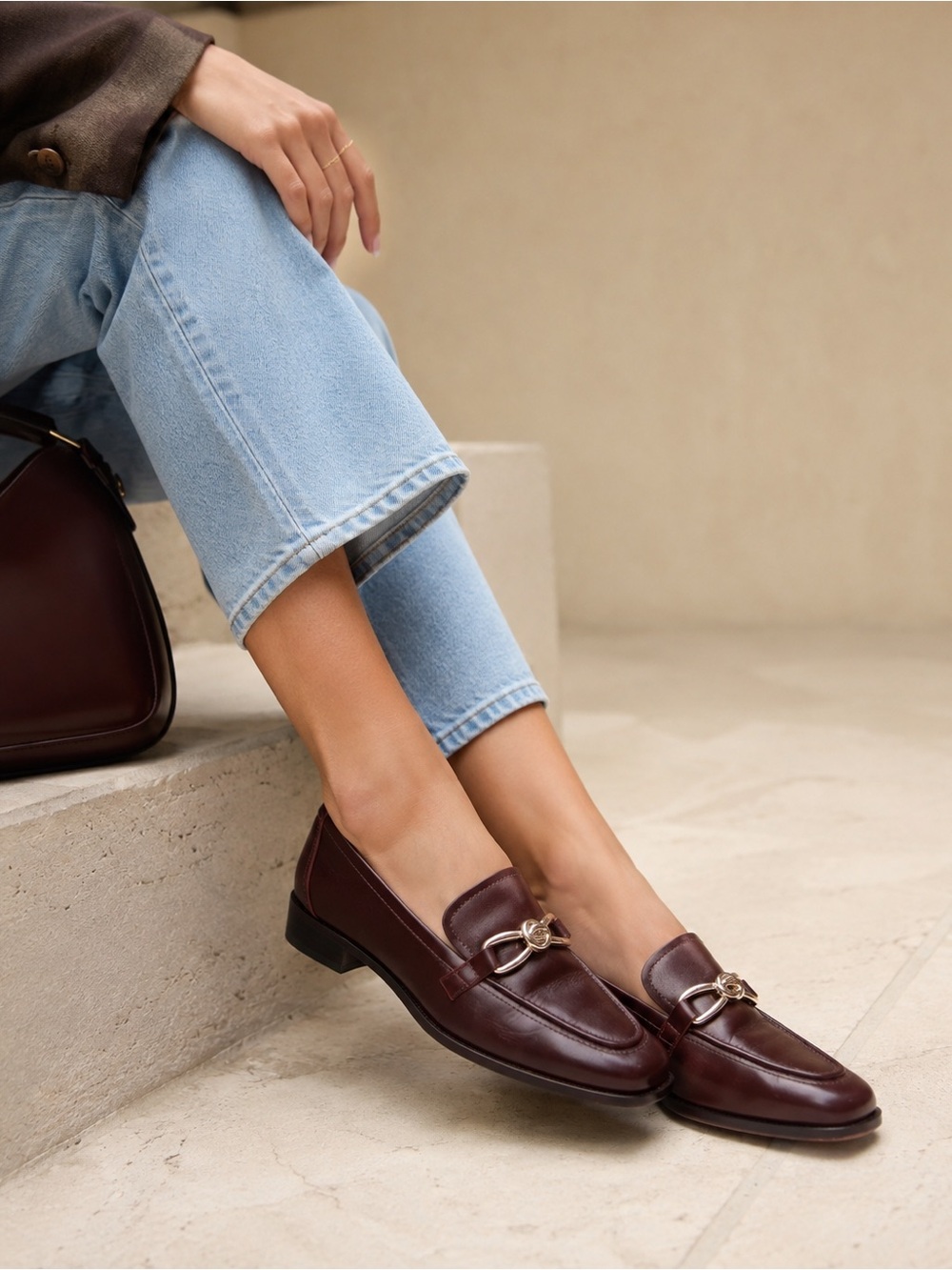 ANTONIO MELANI Burgundy Leather Loafers with Gold Bit